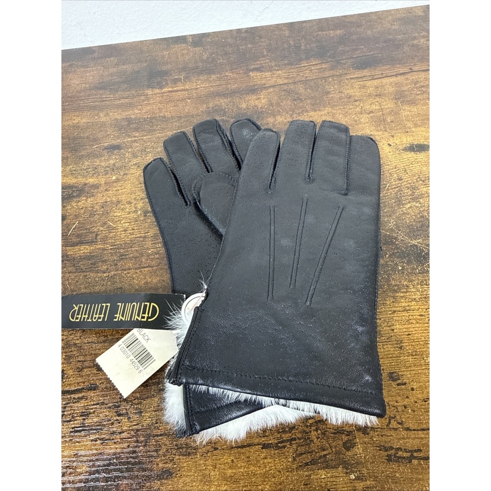 Mens Vintage Black Leather Gloves Large Rabbit Fur Lined NOS With Tags Mervyns